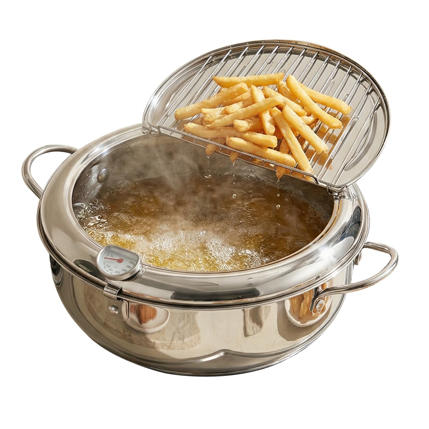 PUCOHOUSE Deep Fryer Pot, Japanese Frying Pot 4.2L/4.5Qt Large, 304 Stainless Steel Tempura Fryer with Lid, Thermometer and Oil Drip Drain Rack for Family Cooking