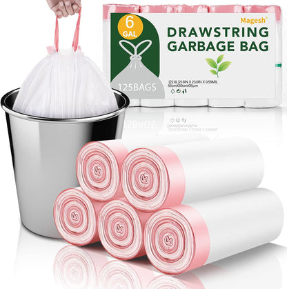Magesh 6 Gallon Trash Bags - Unscented Drawstring Kitchen Garbage Bags | 125 Count, Strong & Thick