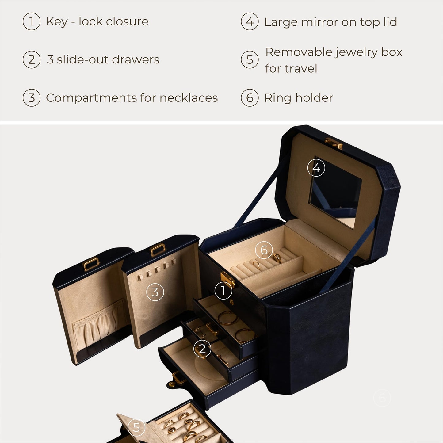 Time Resistance Leather Jewelry Box - Full Grain Leather Jewellery Organizer - Lock Box for Women (Blue)