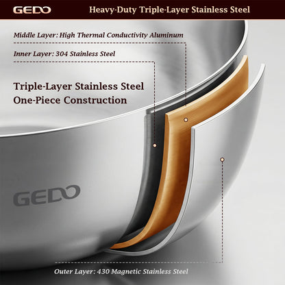 GEDO Triple-Layer 304 Stainless Steel Mixing Bowl, All Stovetop Compatible Deep Large Capacity Bowl with Non-Stick Mirror Polished Interior for Kneading Dough, Baking, Cooking (11in / 28cm)