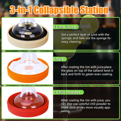Margarita Salt Rimmer Set,3-Tier Sugar Rimmer for Cocktails, Bartender Tool with Salt Box Spice Container for Margaritas, Bloody Marys and Gimlets(With 2 Sponges）