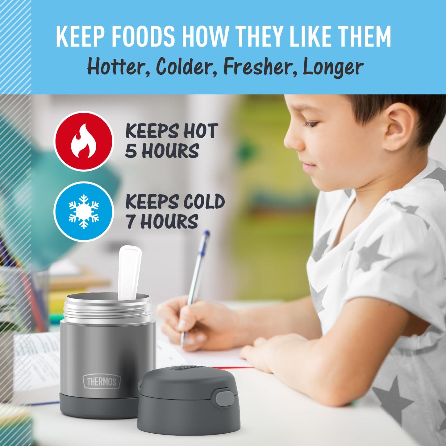 THERMOS FUNTAINER Insulated Food Jar, 10 Ounce, Kid Friendly Food Jar with Foldable Spoon, Gray
