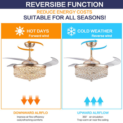 DuMaiWay 52" Dimmable Chandelier Ceiling Fan with Light, Modern Crystal Retractable Ceiling Fan with Remote and APP Control for Bedroom Dining Room Living Room 6 Speed Gold