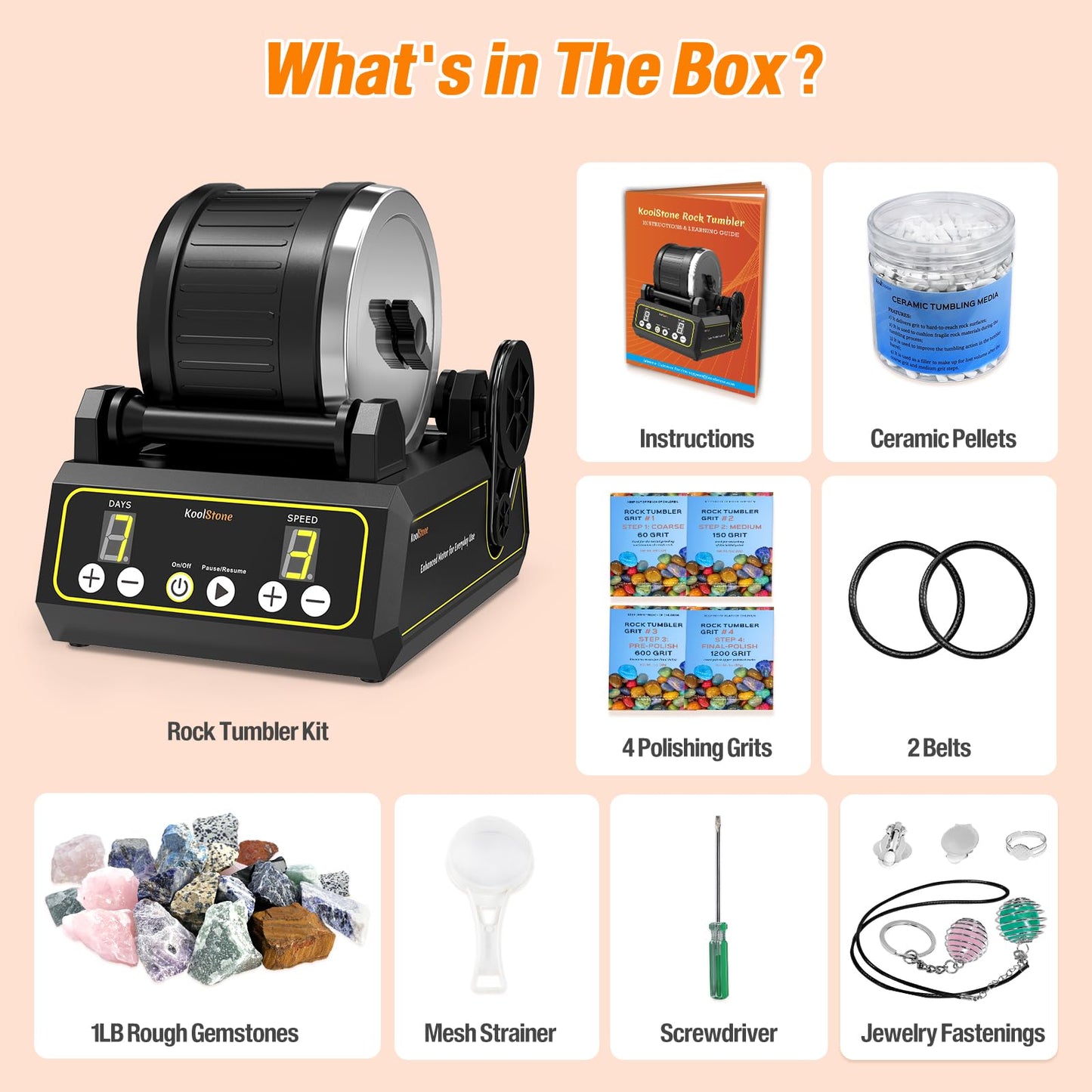KoolStone C1 Rock Tumbler Kit - Large 2.5LB Rotary Rock Tumbler for Adults & Hobbyists, Quiet Rubber Barrel, Adjustable Timer & Speed, Complete Gem Polishing Kit with Memory Function