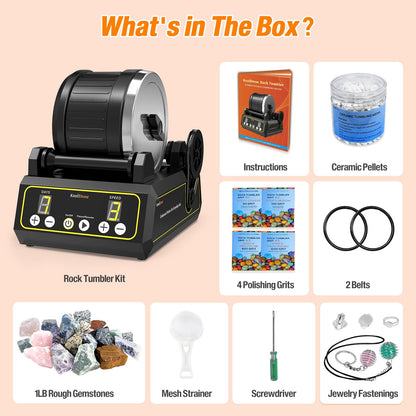 KoolStone C1 Rock Tumbler Kit - Large 2.5LB Rotary Rock Tumbler for Adults & Hobbyists, Quiet Rubber Barrel, Adjustable Timer & Speed, Complete Gem Polishing Kit with Memory Function