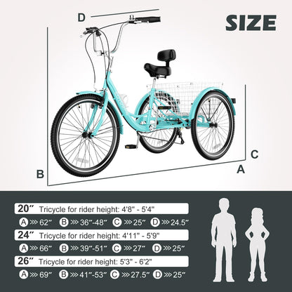 H&ZT Adult Tricycle, 3 Wheeled Bike, Trike Cruiser Bike, with 7-Speed Gear, Parking Brake Handle, Low Step, Large Rear Basket, Elderly Friendly, for Men, Women, and Teens