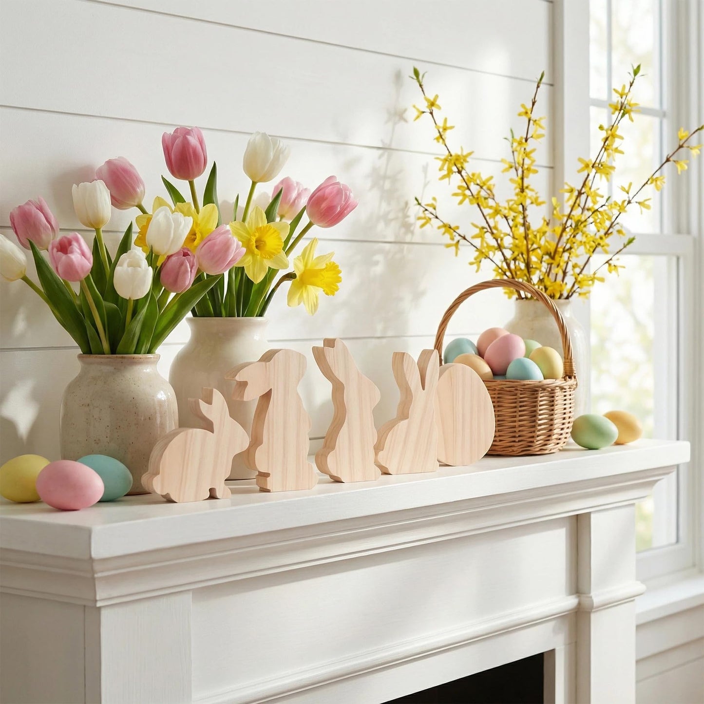 12 PCS 4 Inch Unfinished Wooden Cutouts, Blank Wood Bunny Eggs Shapes for DIY Craft Projects, Table Centerpieces and Signs (Rabbit&Eggs)