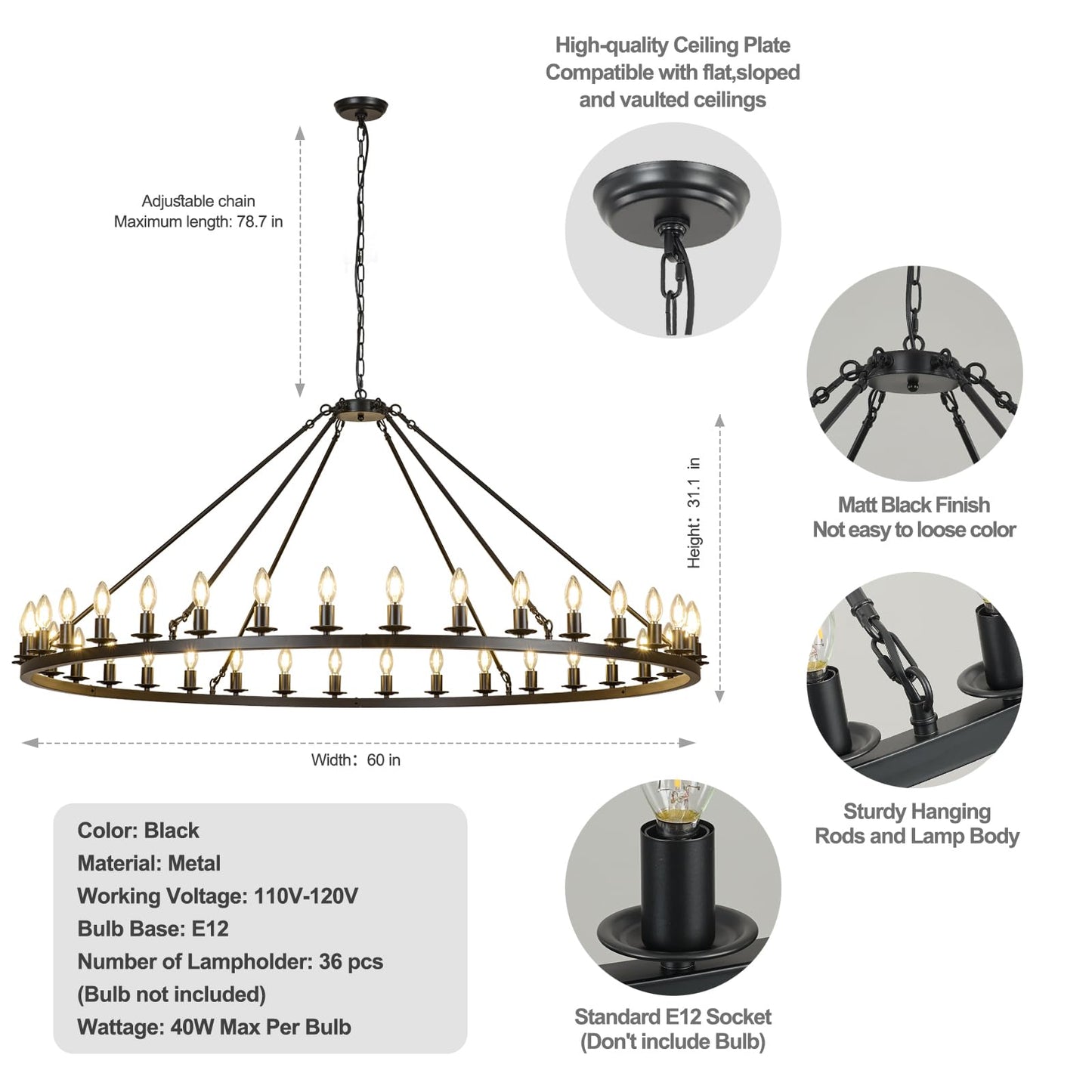 HermnJakk Black Wagon Wheel Chandelier 60-Inch 36-Light,Extra Large Round Rustic Farmhouse Chandelier Metal Circle Chandeliers for Dining Room Living Room High Ceilings