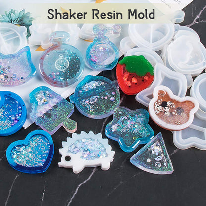 FineInno 11Pcs Quicksand Resin Casting Molds,Resin Art Shaker Mold, Crystal Silicone Hollow Mould Epoxy Pendant Mold Heart, Star, Moon,Bottle,Cat Head