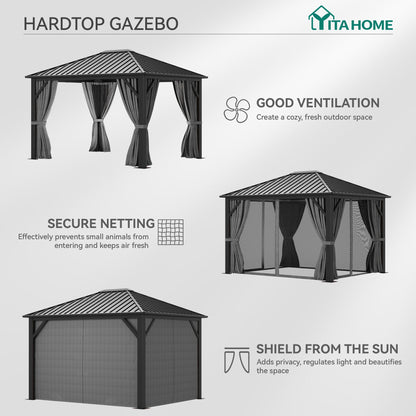 YITAHOME 10X12FT Single Hardtop Metal Gazebo Top Outdoor Patio Canopy Galvanized Iron Aluminum Column Garden Tent Curtains Netting for Backyards Decks Lawns,Gray