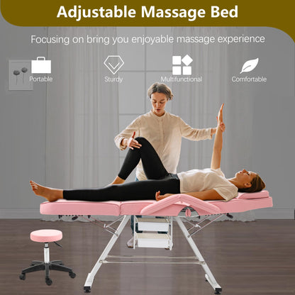 KEIKI Massage Salon Tattoo Chair Esthetician Bed with 2 Tray, Hydraulic Stool, Wide Leg Multi-Purpose 3-Section Facial Bed Table with Adjustable Barber Spa Beauty Equipment, Easy Assembly, Pink