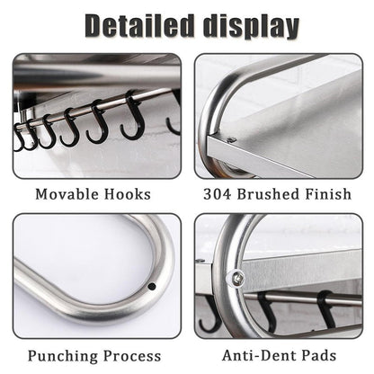 NAWESRVA Stainless Steel Microwave Wall Mount Shelf with 6 Hooks - 66 lbs Capacity, 21x15 Inches, Easy Install, Space-Saving Organizer for Home and Kitchen