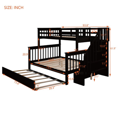 Ball & Cast Twin-Over-Full Bunk Bed with Twin Size Trundle and Storage Ladder,Wood Bunkbed w/Slat Support & Full-Length Guard Rail,Space Saving,Bedframe Furniture for Student Dorms,Studio,Espresso
