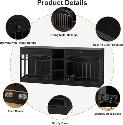 GAOMON Dog Crate Furniture for 2 Dogs, 78.7'' Large Dog Kennel Indoor with 2 Storage Drawers, 3 Shelves and Feeding Bowls, Double Dog Crate TV Stand for Small and Medium Dogs, Black