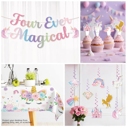 Xynic 181Pcs Unicorn 4th Birthday Decorations, Four Ever Magical Birthday Decorations Tableware Set with Plates and Napkins Serves 25, 2 Tablecloths for Unicorn Decorations