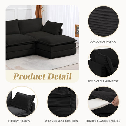 112'' Sectional Modular Cloud Couch, Oversized L Shaped 3 Seat Sofa with Movable Ottomans, 2 Throw Pillows, Upholstered Corduroy L Shape Comfy Deep Couches for Living Room and Office, Black