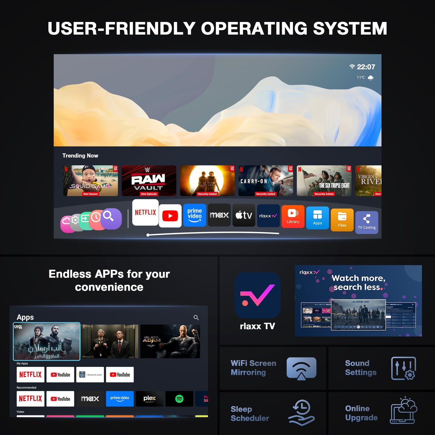 【Thinnest 1.81" & Netflix-Licensed Native 1080P Projector】Smart Mini Projector with WiFi and Bluetooth, Auto Focus & Keystone Portable Outdoor Projector, VOPLLS 4K Support Home Movie Projector(black)