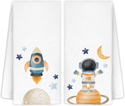 1624 Set 2 Outer Space Room Nursery Decor, Kids Towels for Bathroom, Astronaut Decorative Gifts for Kids, Space