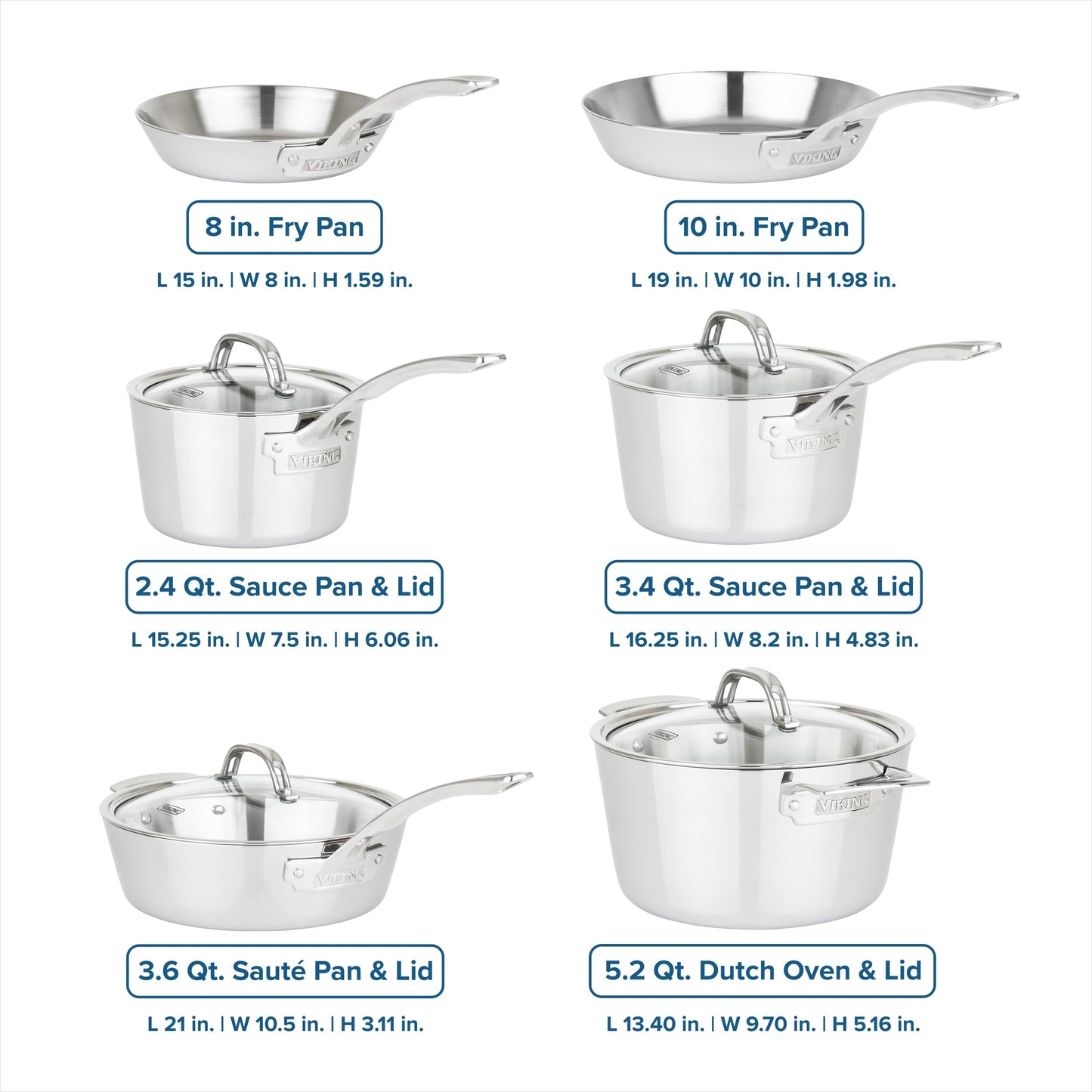 Viking Contemporary 3-Ply Pots and Pans Set, 10 Piece Stainless Steel Kitchen Cookware, Silver