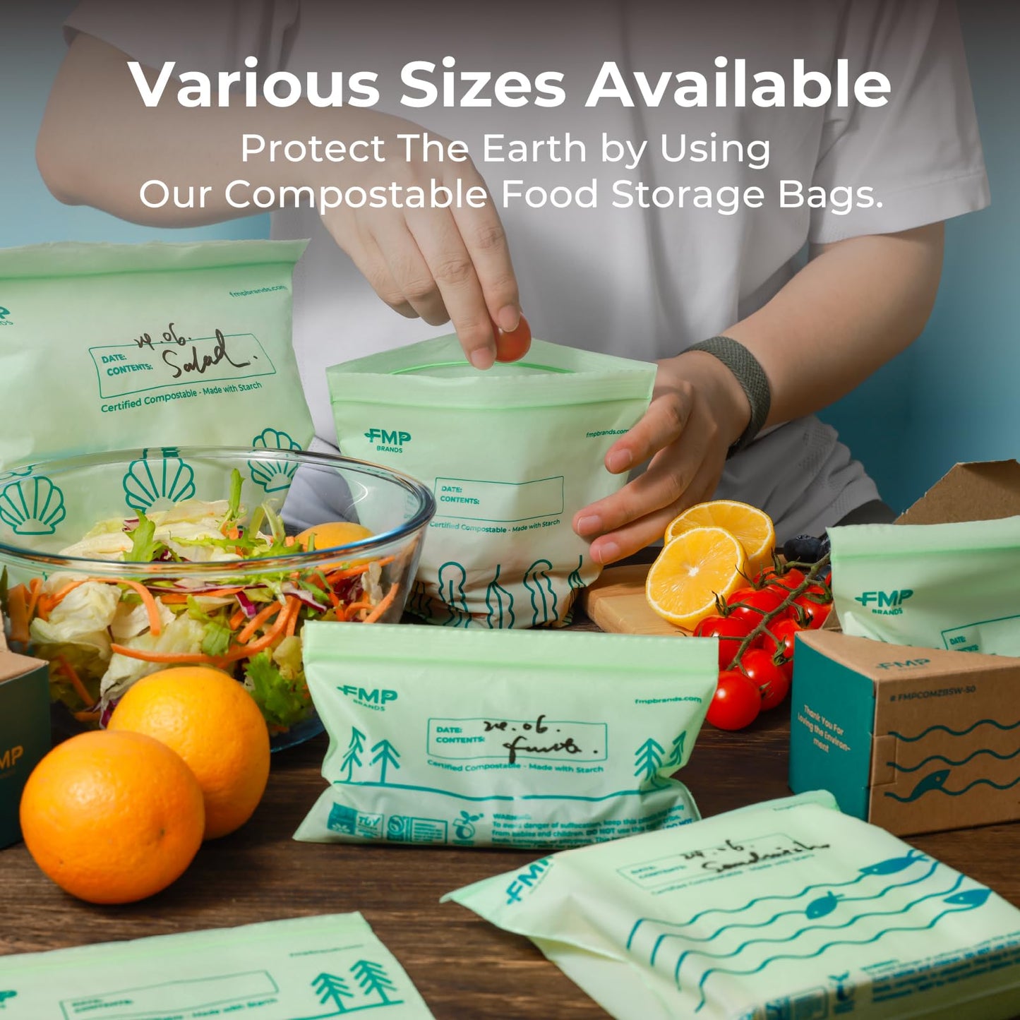 Fit Meal Prep 100% Compostable Food Storage Bags Set, Resealable Bags Plant-Based Freezer Bag for Food, ASTM D6400, US BPI & EU OK Compost Certified