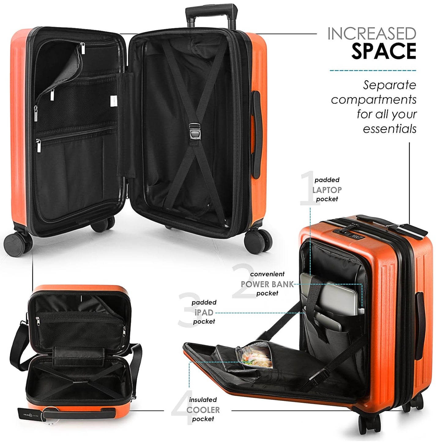 TRAVELARIM Orange Hardshell Luggage Sets 4 Piece, Durable Suitcase Set, Travel Luggage Set with Integrated TSA Lock, 360° Spinner Wheels, Expandable Medium and Large Checked Suitcase, 20/24/28 Inch