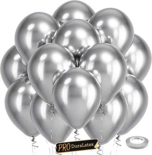 Bezente Pro Duralatex Metallic Silver Balloons - 100 Pack | 12-Inch Extra-Thick for Lasting Party Decor