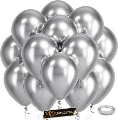 Bezente Pro Duralatex Metallic Silver Balloons - 100 Pack | 12-Inch Extra-Thick for Lasting Party Decor