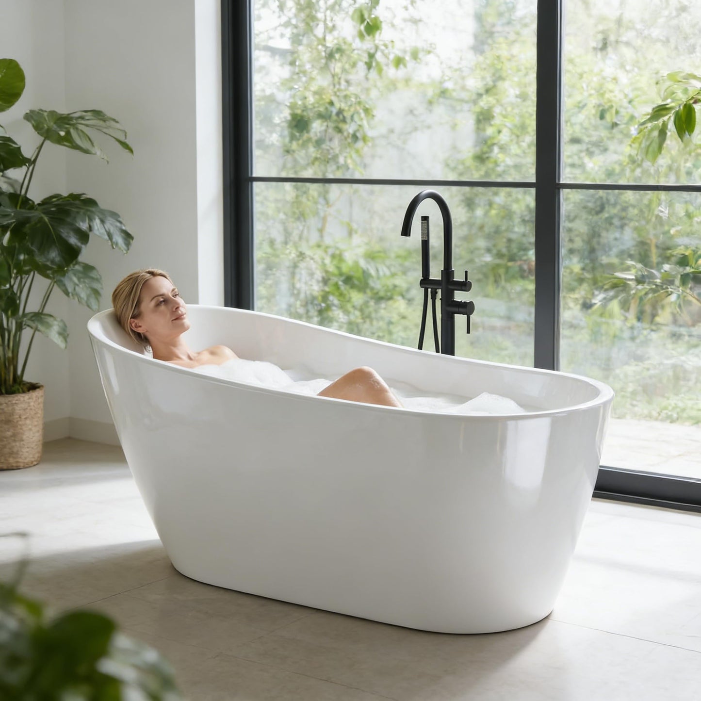 67" Freestanding Bathtub, Black Exterior White Interior Acrylic Stand Alone Soaking Tub, Modern Oval Bath with Ergonomic Design and Chrome Drain for Bathroom Remodel and Home Spa