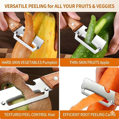 Multifunctional Vegetable Peeler with Wooden Handle, 2-in-1 Stainless Steel Vegetable Peeler with Built-in Bottle Opener for Kitchen, Hand Held Peeler Slicer Kitchen Tool for Fruit and Vegetable