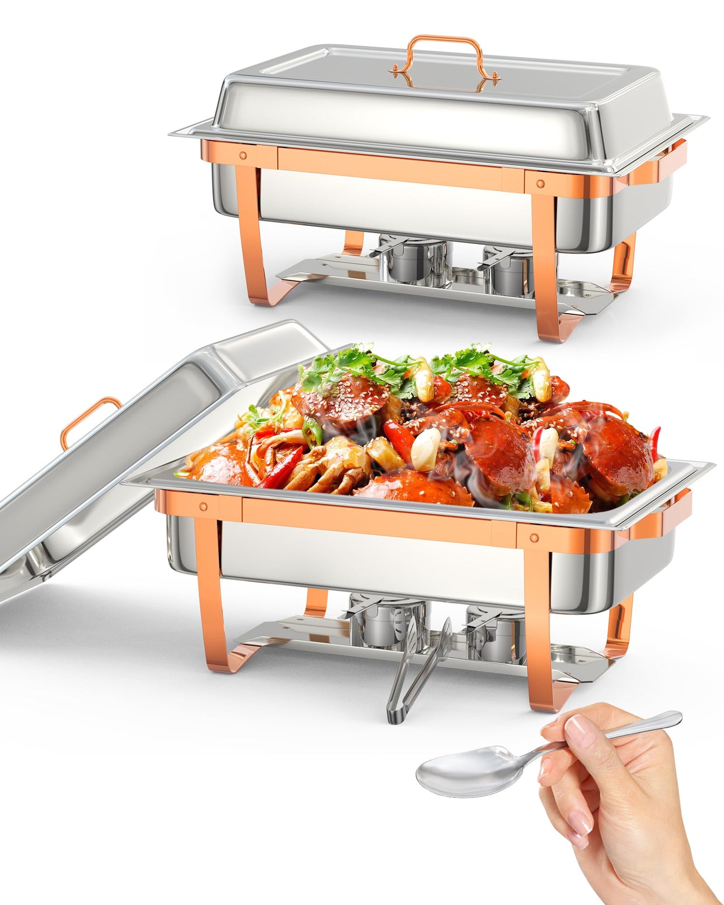 GarveeHome Chafing Dish Buffet Set, 8QT 2 Pack, Rectangle Chafing Dishes for Buffet w/Lid Holder, Stainless Steel Chafer Food Warmers Servers for Kitchen Party Banquet Dining, Rose Gold