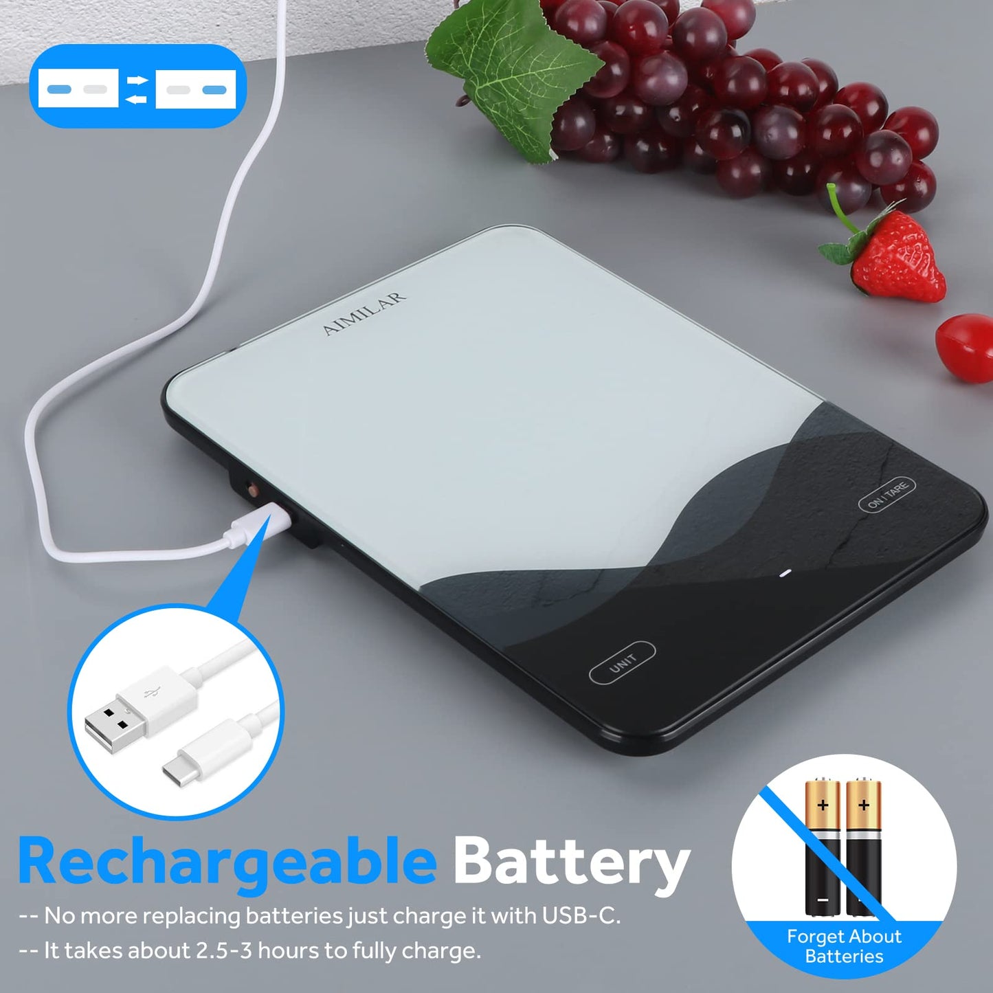 AIMILAR Digital Kitchen Scale 22lb/10kg USB-C Rechargeable, Tempered Glass Top Easy Clean, LED Touch Screen No Buttons, Auto Shut Off