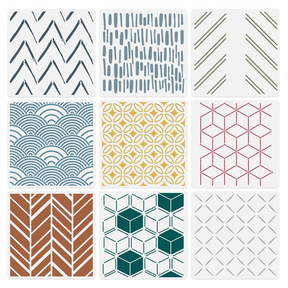 9Pcs Modern Geometric Wall Stencil Templates 11.8 x 11.8 Inch Reusable Plastic Simple Style Stencils for Painting on Wood Wall Floor Tile Fabric Glass Furniture, DIY Home Decor or Craft Stencil