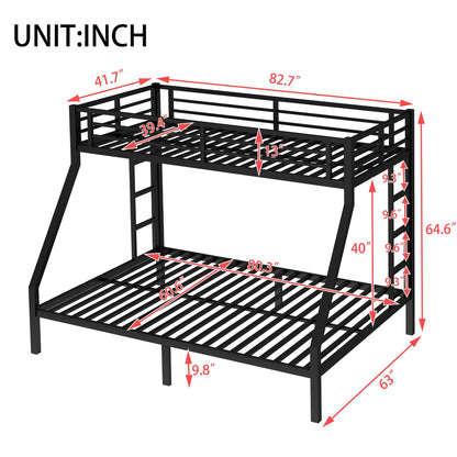 Bellemave Metal Twin XL Over Queen Bunk Bed with High Guardrail & Under-Bed Storage, Heavy Duty Bunk Beds Frame with 2 Side Ladders, Twin Over Queen Bunk Bed for Adults, No Box Spring Needed, Black