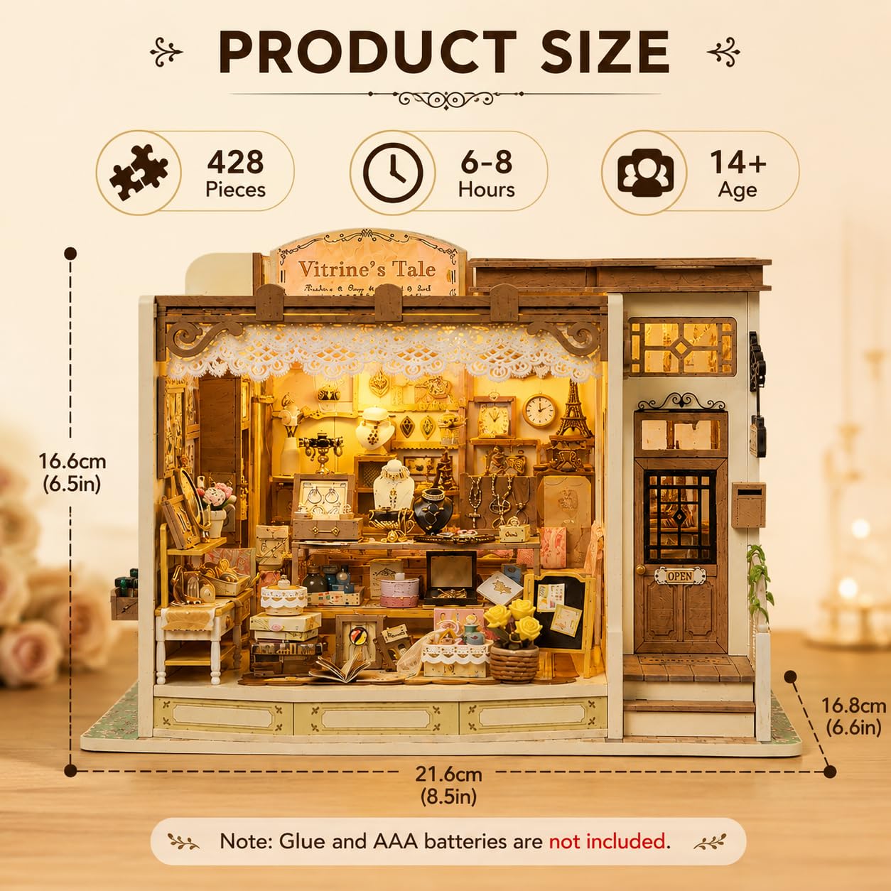 DIY Miniature House Kit, 428 PCS Jewelry Shop DIY Book Nook Kit with LED, 3D Wooden Puzzle Miniature Doll House Kit for Arts and Crafts Decor - Unique Tiny Home Kits Gifts for Women & Adults