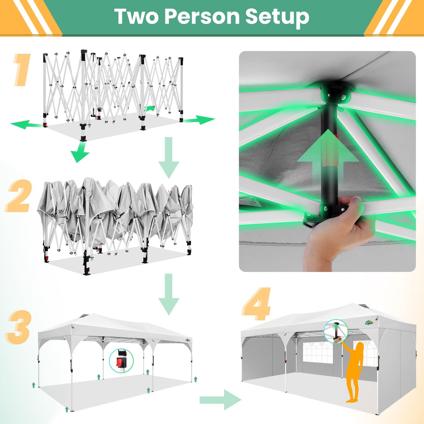 COBIZI 10x20 Pop Up Canopy Tent, Outdoor Party Tent with 4 Sidewalls, 1 Person Easy Set up, Tents for Parties with Fluorescent Strip & 4 Sandbags, Waterproof UPF50+, 3 Adjustable Height, White