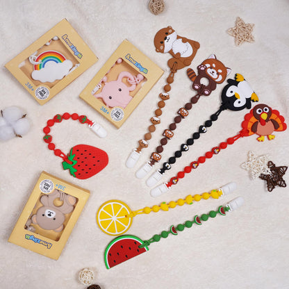 Cute Animal Baby Food Grade Silicone Teether Toy with One Piece Design Pacifier Clip Holder,Teething Pain Relief Toys Gift Set for 3 Months+ Boys and Girls,Freezer Safe,BPA Free (Strawberry)