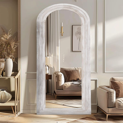 ZHUNFA Arched Full Length Mirror with Solid Wood Frame, 71x32 Farmhouse Wall Mirror Full Length with Stand, Vertical Hanging, Leaning Standing for Bedroom, Living Room, Rustic White