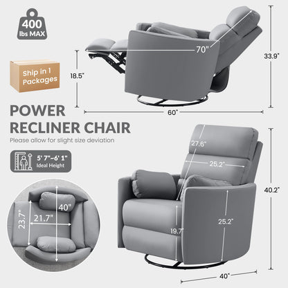 GRAINELL Oversize Power Swivel Recliner, 40in Wide Electric Glider Rocking Chair with Headrest Adjustment, USB Port, 270° Swivel, Rock 30°– for Living Room, Nursery, Leather Grey (5"7' to 6"1' Height)