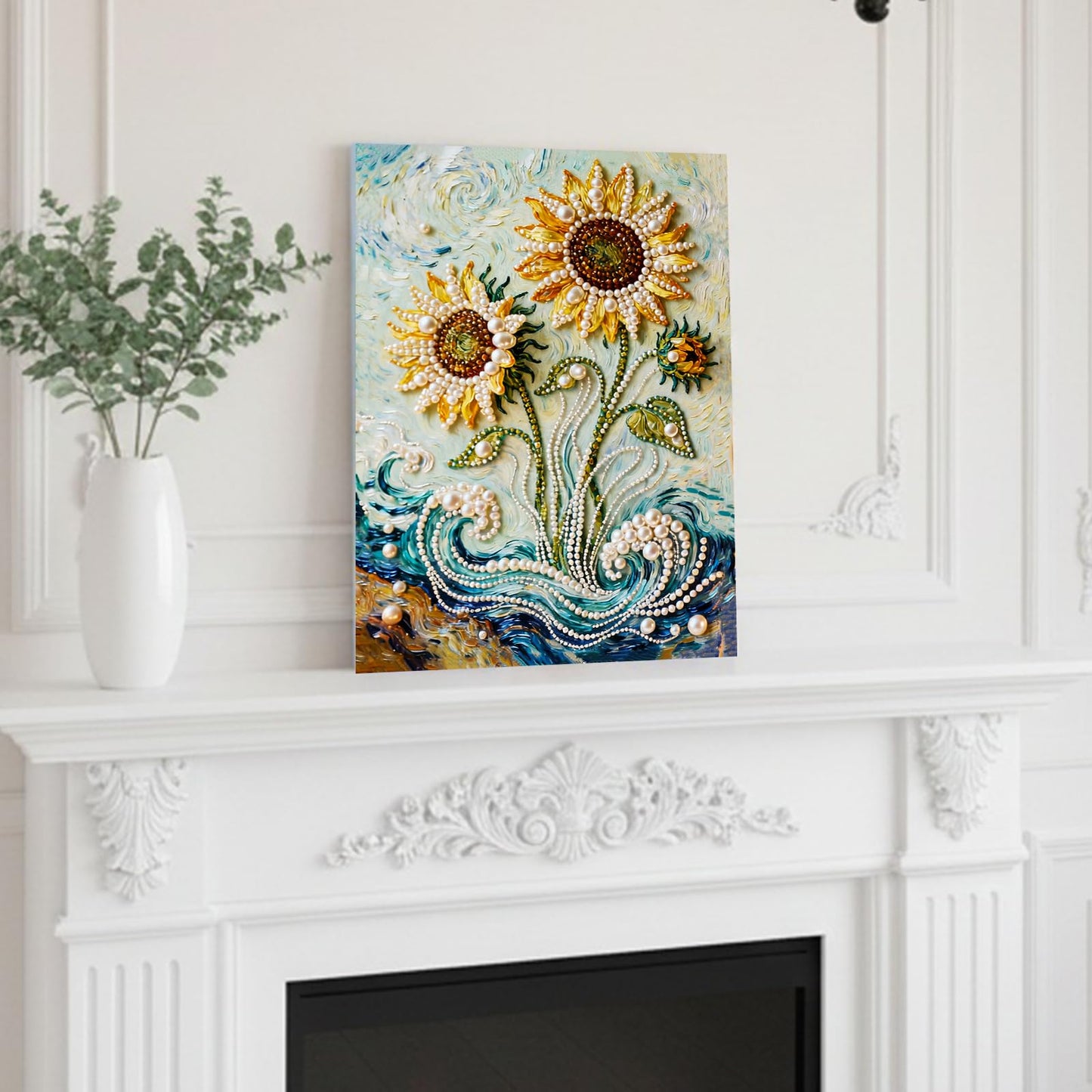 DIY Diamond Pearl Painting Kit for Adults, Sunflower 3D Pearl Painting Craft with Wooden Frame 15.75x19.69 inch, Beginner Friendly Home Wall Decor Art, Gift for Women Men Housewarming