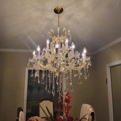 TMAFON Modern Gold Chandelier Light Fixture - Large Maria Theresa Crystal Chandeliers for Dining Room, Kitchen Island, Living Room, Bedroom, 15 Lights, 2 Layers