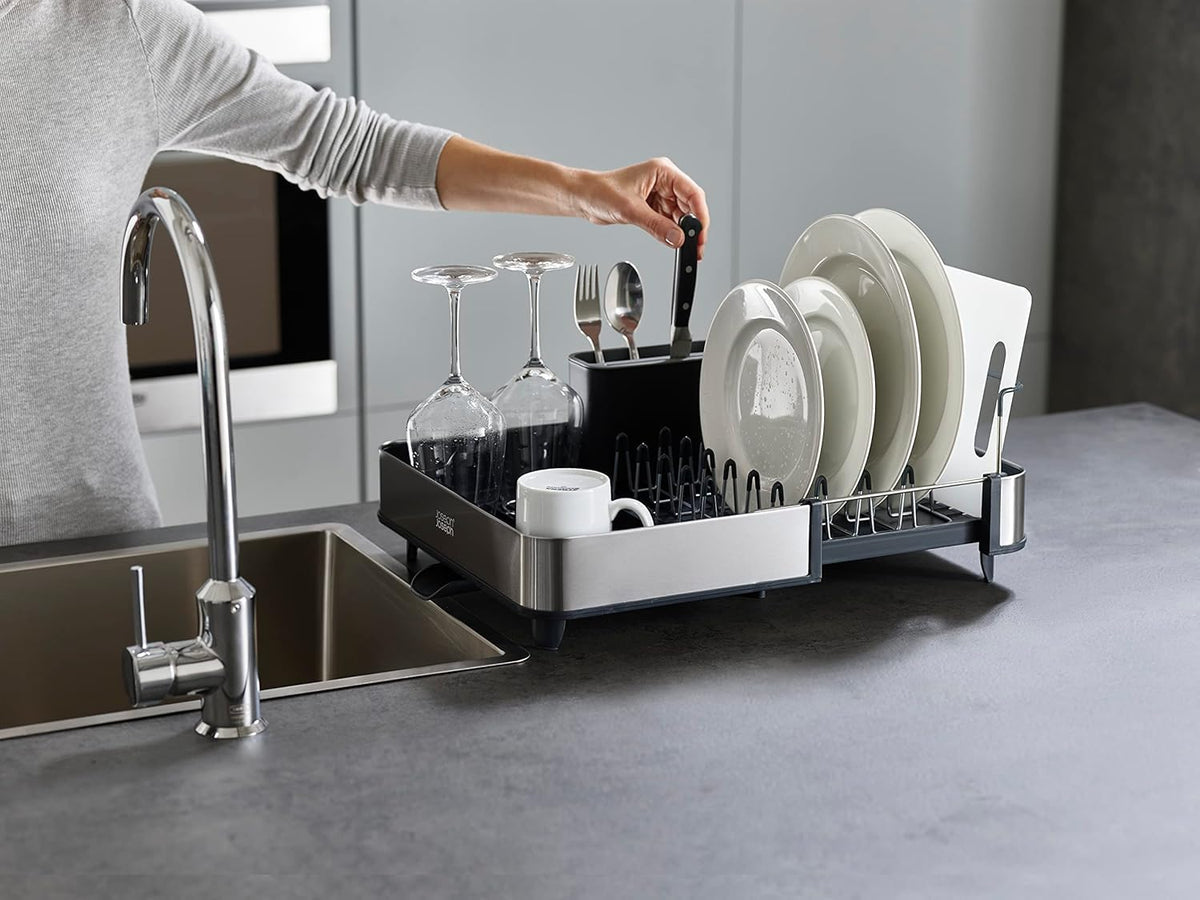 Joseph Joseph Extendable Dish Drying Rack with Dual Parts - Stainless Steel, Non-Scratch, Movable Utensil Drainer & Drainage Spout, Gray