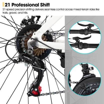 HH HILAND 27.5 Inch Mountain Bike, Mens and Womens Aluminum Frame MTB with 21 Speeds, Dis Brake, Hardtail Bicycle for Adults White