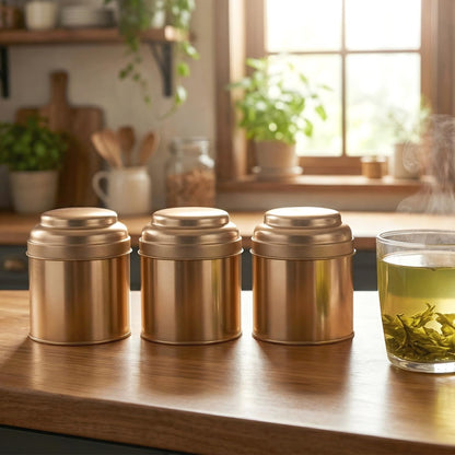 QWORK Tea Tin Canisters with Airtight Double Lids, 8 fl oz Each, 6 Pack Metal Containers, Mini Tea Storage Containers for Loose Leaf Tea, Tea Bags, Coffee, Sugar, Spices, Rosegold