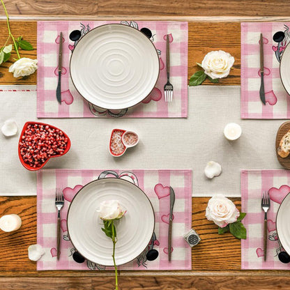 Artoid Mode Pink Buffalo Plaid Hearts Gnomes Valentine Placemats Set of 4, 12x18 Inch Seasonal Anniversary Holiday Table Mats for Party Kitchen Dining Decoration