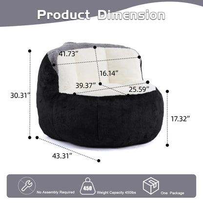 Oversized Bean Bag Chairs,Multicolor Faux Fur Couch Filled with Shredded Sponge,Large Lounger Sofa for Living Room,No Assembly Required, Black+White+Grey