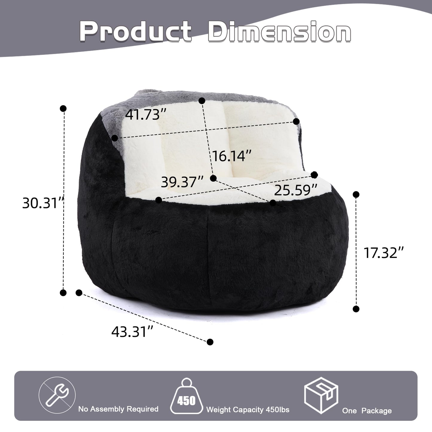 Oversized Bean Bag Chairs,Multicolor Faux Fur Couch Filled with Shredded Sponge,Large Lounger Sofa for Living Room,No Assembly Required, Black+White+Grey
