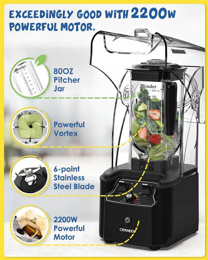 CRANDDI Commercial Quiet Blender, 2200 Watt Professional Countertop Blender with 80oz Pitcher, Built-in Pulse & 15-speeds Control, Smoothie Blender for Commercial and Home, K90 Black