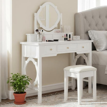Merax 35.5 Inch Vanity Desk with Reversible Mirror, Compact White Makeup Vanity Table Set with 5 Storage Drawers & Chair, Modern Small Exquisite Dressing Table for Women Girls Bedroom Dorm