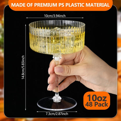 Jingmore 48 Pcs Ribbed Martini Glasses 10 oz Disposable Plastic Vintage Ribbed Coupe Glasses Unbreakable Dessert Parfait Glassware for Wedding Birthday Party Supplies (Clear)