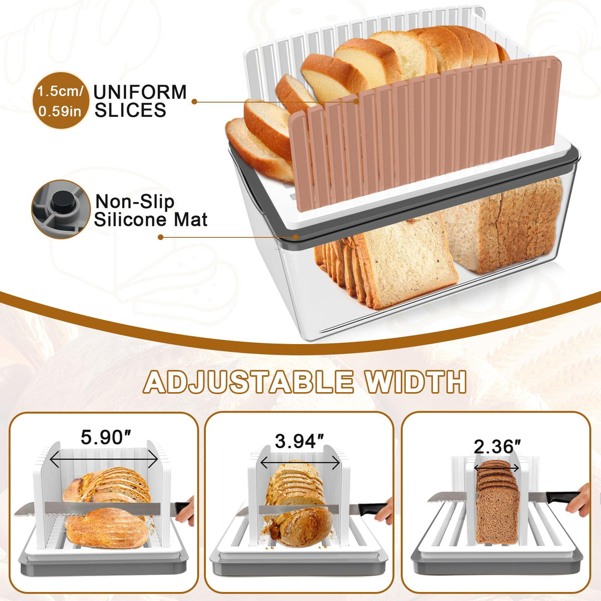 Kiss Core Upgrade Bread Slicer for Homemade Bread with Bread Box, Bread Slicing Guide Adjustable Width, Foldable and Compact Cutting Guide with Crumb Tray, Suitability for Homemade Bread, Bagels,Cakes